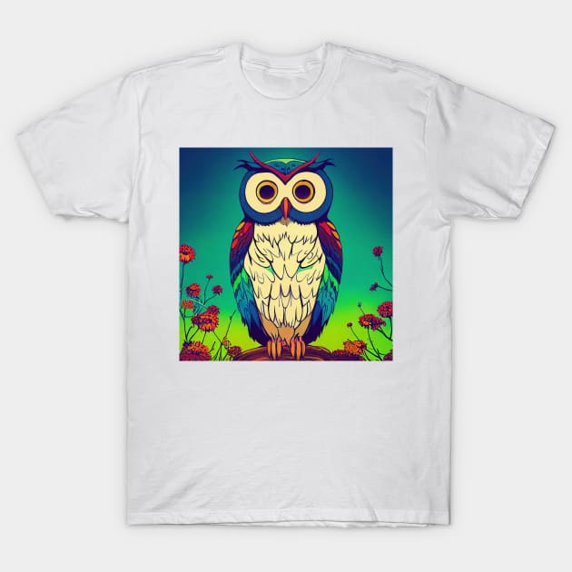 Colorful Owl on Branch Portrait Illustration - Bright Vibrant Colors Bohemian Style Feathers Psychedelic Bird Animal Rainbow Colored Art T-Shirt by JensenArtCo